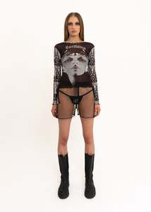 Earthling print long sleeve mesh top- black/ white