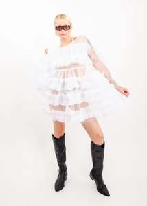 Tulle Ruffled Mini Dress- White