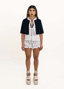 Elsie Gore: Velvet short sleeved jacket with broderie anglais lace trim