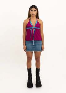 Bikini Halter Top- berry/ blue stripe