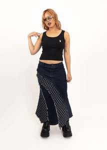 2000s dead stock checkerboard denim maxi skirt