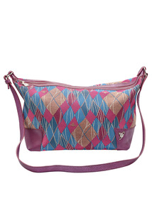 Pink/ blue jacquard argyle shoulder bag with leather strap