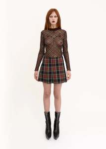 Tartan mesh top with ribbed knit trims