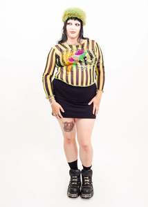 Striped mesh top with parrot embroidery