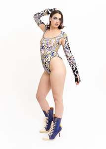 Independent Designer Tops: Graphic print cut out bodysuit- lilac/ yellow