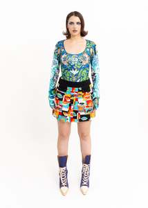 Graphic print cut out bodysuit- blue/ green