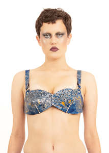 Independent Designer: Hand Painted Leather Bullet Bra- blue/ silver