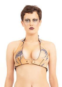 Hand painted leather halter bikini top- blue