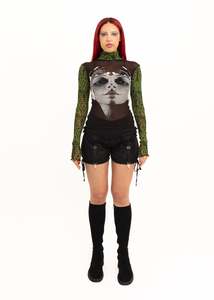 Earthling print long sleeve mesh top- black/ green