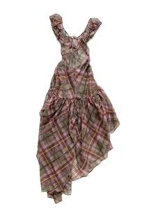Plaid puff chiffon asymmetric dress- Earth Tartan