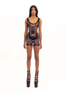 Ornate butterfly screen printed micro mini dress/ longline tank top