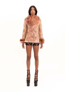 Bb Vintage: Pink suede coat with fur collar, trims and lining