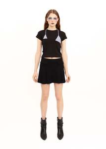 Off Cut Tee- Black + Blue/ White Stripe