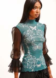 Roisin Dubh: Ornate/ butterfly print frill sleeve mesh top