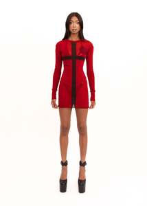 Roisin Dubh: Cross print mesh mini dress- red