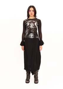 Hail Mary frill sleeve screen printed mesh top