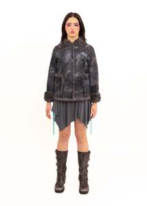 Variegated suede coat with rabbit fur lining and trims