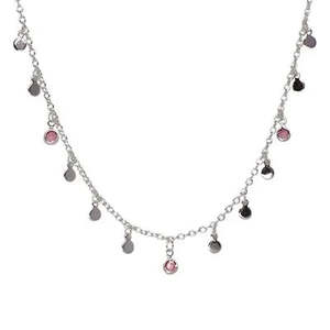 Fabienne Necklace: METAL DISC & CZ CHARM- SILVER/PINK