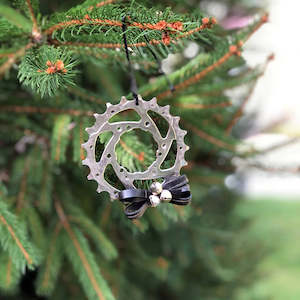 Christmas: Up-Cycled Gear and Innertube bow Christmas Tree Decoration