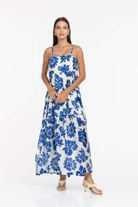 Carmen Dress - Ivory/Cobalt Blue Print