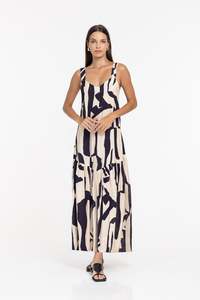 Break Your Heart Dress - Cream/Navy Print