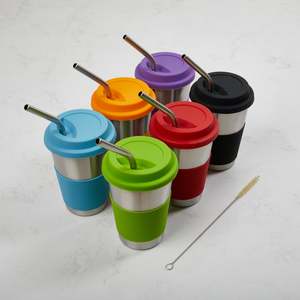 Stainless steel cups 500ml 6 set with Silicone sleeve, lid and stainless Straws