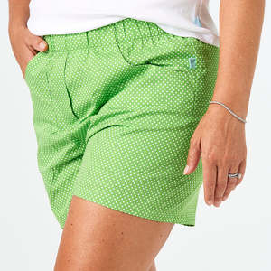 Shorts: Moeraki Shorties - Green with White Polka Dots