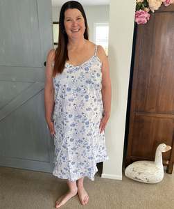 White with Blue Floral Ruffled Cotton Chemise Nightie