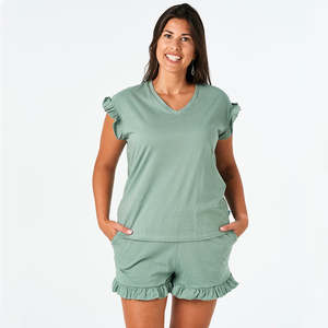 Sets: Matapouri Frilled Pyjama Set - Sage