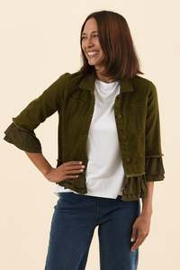Khaki Clothing: Dolores Khaki Cotton Frill Jacket