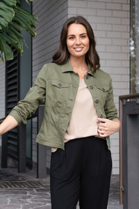 Khaki Clothing: Danielle Khaki Stretch Jean Jacket