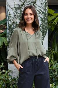 Khaki Clothing: Isaac Khaki Silk Ruched Top