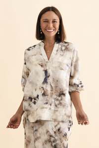 Khaki Clothing: Curio Taupe Abstract Linen Blouse