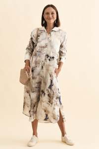 Brylee Taupe Abstract Linen Shirt Dress