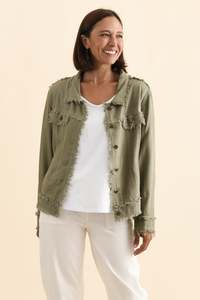 Khaki Clothing: Oakley Khaki Linen Frayed Jacket