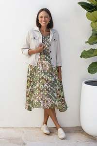 Khaki Clothing: Darling Khaki Tropical Foil Crescent Dress
