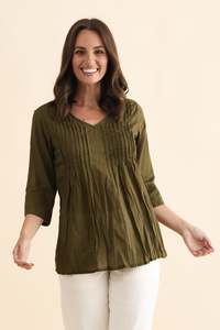 Khaki Clothing: Fia Khaki Sleeved Crinkle Cotton Top