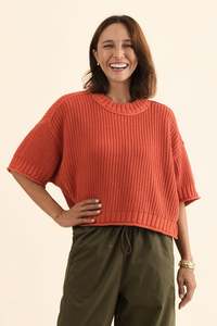 Drape Tops: Luela Orange Half Sleeve Knit Jumper
