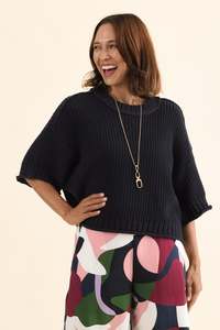 Drape Tops: Luela Navy Half Sleeve Knit Jumper