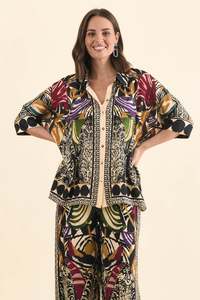 Drape Tops: Gaulina Green Mosaic Button Shirt