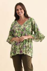 Drape Tops: Diona Green Garden Frill Sleeve Top