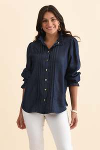 Lucille Dark Blue Lyocell Pleated Shirt