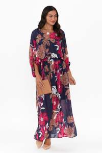 Navy Clothing: Magnetic Navy Floral Long Sleeve Dress
