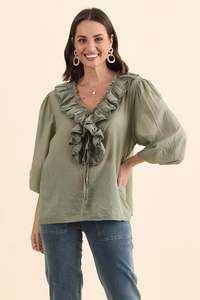 Green Clothing: Winifred Khaki Cotton Frill Top