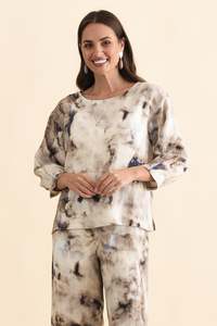 Matching Sets: Saloma Taupe Abstract Linen Scoop Neck Top