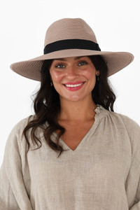 Travel Hats: Fiona Taupe Wide Brim Travel Fedora