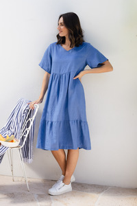 Miller Blue Linen Tiered Dress