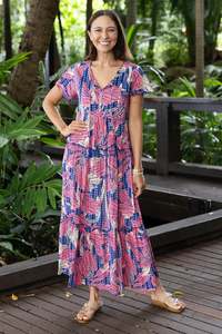 Cruise Wear: Nona Pink Lily Crinkle Cotton Maxi Dress