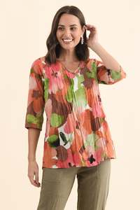 Fia Pink Floral Sleeved Crinkle Cotton Top
