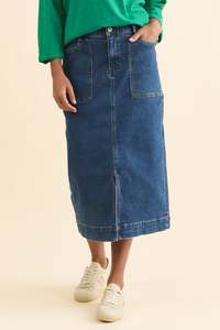 Plus Size Skirts: Attie Dark Blue Denim Stretch Midi Skirt